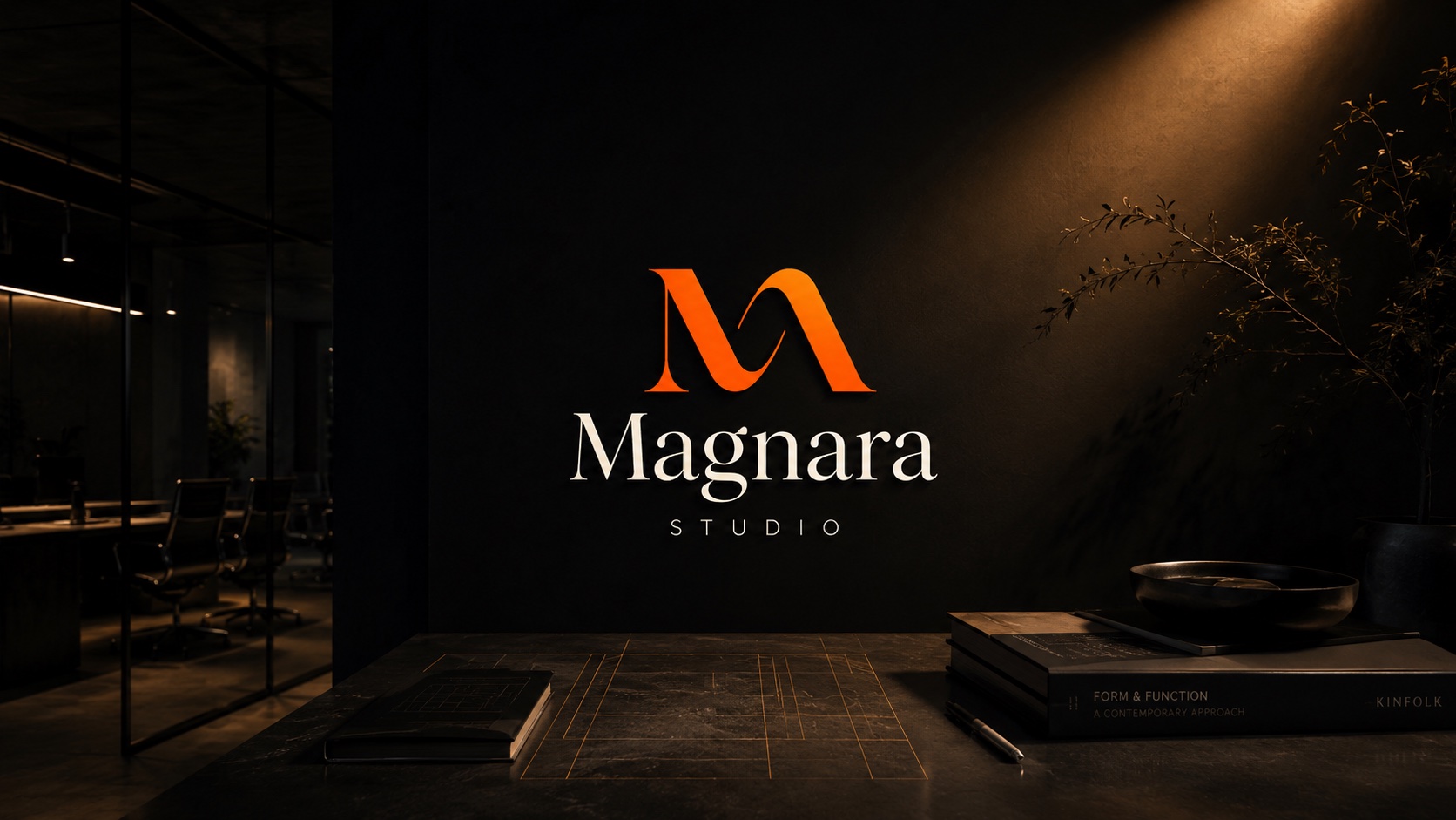 The Magnara Studio mark on a studio wall, lit by a warm spotlight